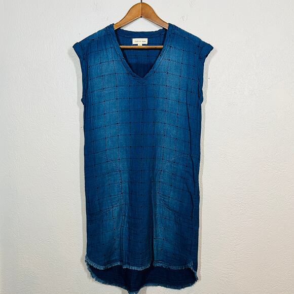 Cloth & Stone Chambray Sheath Dress Checkerboard Loose Fit Blue - XS - Picture 2 of 5